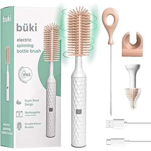 Büki Electric Baby Bottle Cleaning Brush Set - Rechargeable Electric Bottle Brush with Straw Cleaner - Water Bottle Cleaning Kit, Nipple Brush, 1200mAh Brush Cleaner (by Kindersense), Pink