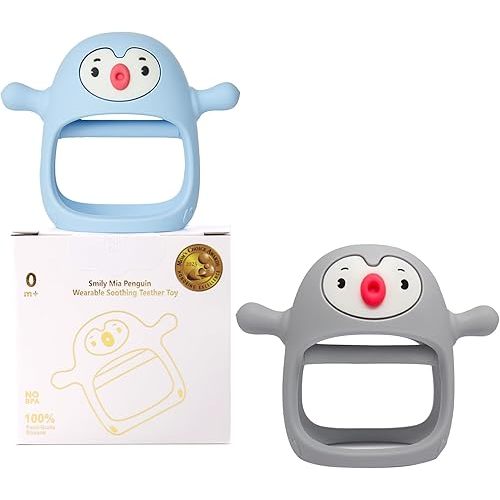 Smily Mia 2pack Penguin Teether for Babies 0-6Month, Baby Essentials, New Born Must Haves,Baby Pacifiers for Breastfed Babies, Baby Teething Toys, Perfect Shower Gift+Baby Registry, Blue+Grey