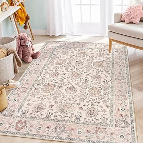 Lahome Pink Floral Washable 4x6 Rug, Boho Rugs for Bedroom Girls, Ultra-Thin Indoor Living Room Area Rug Non Slip, Floral Printed Soft Rug for Nursery Room Entryway Dorm Classroom (Pink, 4' x 6')