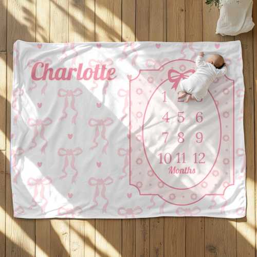 Coquette Baby Girl Milestone Blanket – Personalized Pink Bow Monthly Tracker, Soft Feminine Photo Prop