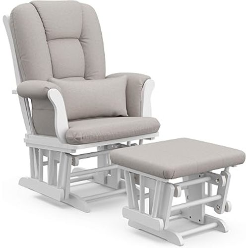 Storkcraft Tuscany Custom Glider and Ottoman with Free Lumbar Pillow (White/Taupe Swirl) - Cleanable Upholstered Comfort Rocking Nursery Chair with Ottoman