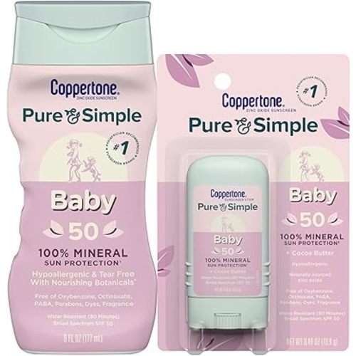 Coppertone Pure and Simple Baby Mineral Sunscreen Lotion SPF 50 (6 Fl Oz) + Baby Sunscreen Stick SPF 50 (0.49 Oz), Hypoallergenic and Tear Free