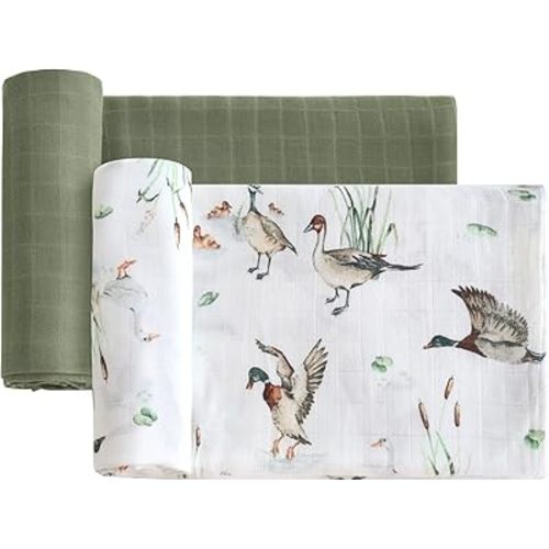 LifeTree Muslin Swaddle Blankets Neutral, Baby Swaddling Wrap Nursery Receiving Blanket for Boys & Girls, 70% Viscose from Bamboo and 30% Cotton, Large 47 x 47 inches Mallard Duck/Olive Green
