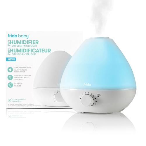 Frida Baby 3-in-1 Cool Mist Humidifier for Large Rooms, Top Fill Humidifier for Bedroom, Allergy Relief, 60 Hour Runtime + Nightlight, Auto Shut-Off, Quiet, Carry Handle, Essential Oil Diffuser