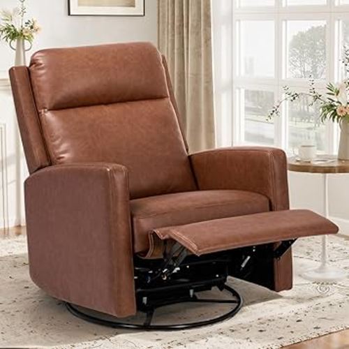 Leather Recliner Chair for Adults, Swivel Rocker Recliner for Small Spaces, Wide Glider Rocking Nursery Chair with Ergonomic High Backrest, for Home Living Room, Office, Bedroom（Cocoa）