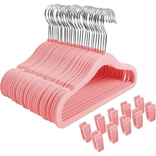 Finnhomy Non-Slip Clothes Hangers for Baby and Kids 30-Pack Velvet Hangers with 10 Finger Clips, Light Pink