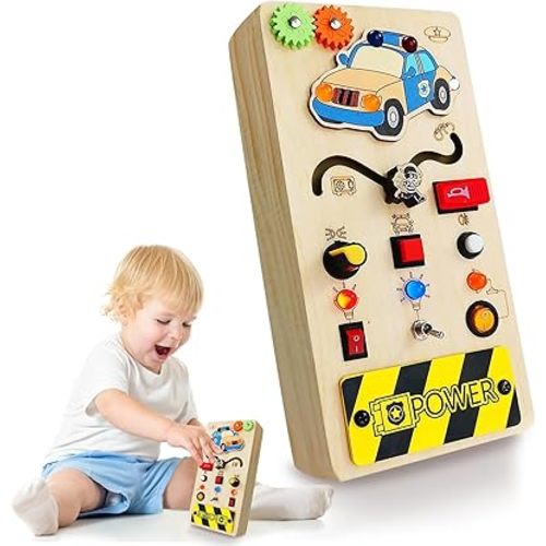 Toddler Busy Board with Led Light , Montessori Busy Board Toys, Educational Sensory Toys Fidget, Electronic Switch Wooden Controller Board ,Best Gift Learning Interactive or Travel for Boys or Girls