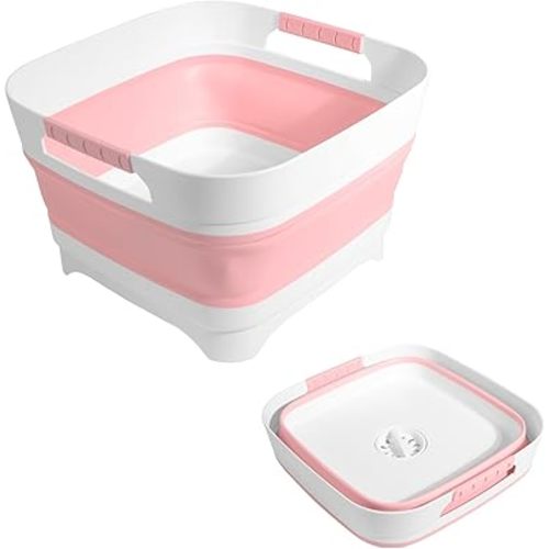 Collapsible Dish Basin & Wash Basin - Baby Bottle Washing Basin with Drain - Foldable Portable Sink for Kitchen, Camping, Travel (Pink)