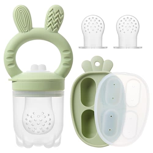 KIAANS Silicone Baby Fruit Feeder with Freezer Tray Baby Food Feeder Popsicle Molds for Teething Relief Includes Extra Food Pouches (Olive)
