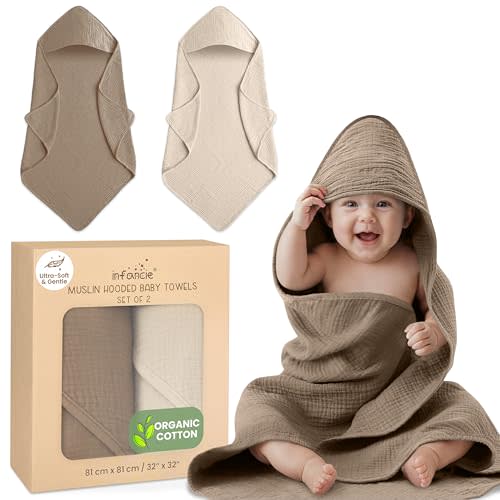 Organic Cotton Muslin Baby Hooded Towels - 32x32 Inch, 2 Pack Newborn Bath Towels for Boys & Girls, Soft & Absorbent Bath Set (Olive/Ivory)
