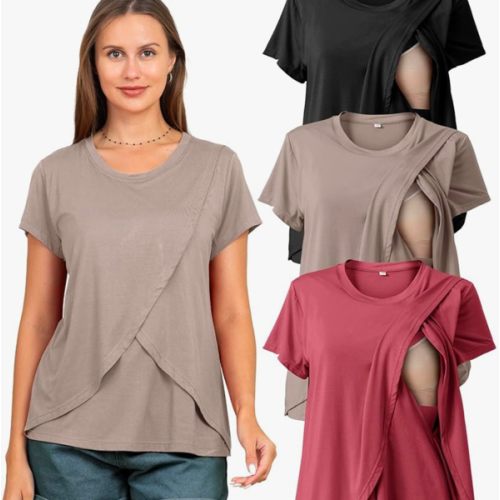 Rnxrbb 3 Pack Women's Nursing Tops for Breastfeeding Summer Short Sleeve T Shirts Postpartum Double Layer Clothes