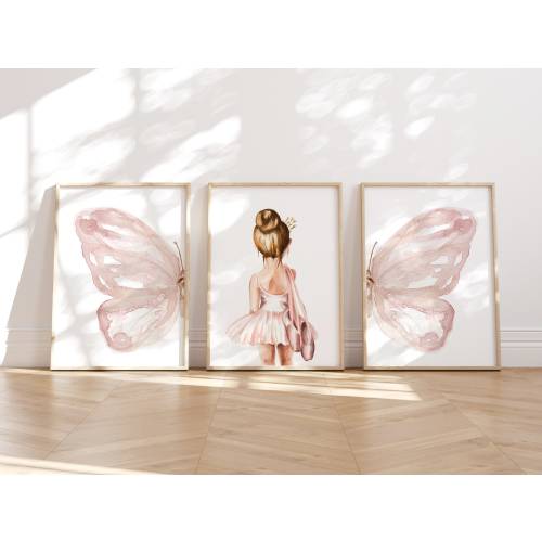 Ballet Set of 3 Wall Art for Girl&#39;s Nursery, Pink Split Butterfly Wings and Ballerina,  Personalized Name Prima Ballerina , DIGITAL