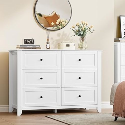 IDEALHOUSE White Dresser for Bedroom, Large 6 Drawer Dresser with Deep Drawers & Metal Knobs, Modern Wooden Double Chests of Drawers for Entryway, Hallway