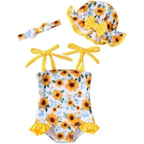 Renotemy Baby Girl Swimsuit Toddler Girls One-Piece Swimsuit Summer Beach Bikini Girl Bathing Suits with Hat 0-24 Month