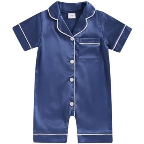 FULA-bao Newborn Baby Boy Girl Silk Pajamas Short Sleeve Button Up Satin Pjs One Piece Romper Onesie Shorts Baby Sleepwears