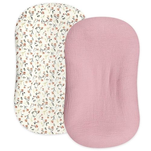 Hooyax Muslin Baby Lounger Cover 2 Pack, Organic Removable Lounger Slipcover for Newborn, Baby Padded Lounger Infant Floor Seat Covers for Boys Girls (Flesh Pink & Floral)