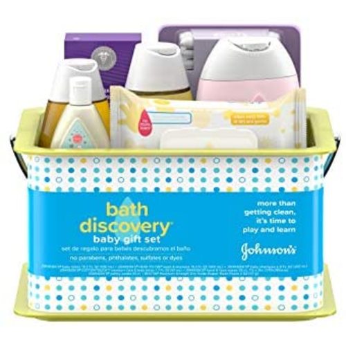 Johnson's Bath Discovery Gift Set for Parents-to-Be, Caddy with Baby Bath Time & Skin Care Essentials, Bath Kit Includes Baby Body Wash, Shampoo, Wipes, Lotion & Diaper Rash Cream, 7 Items