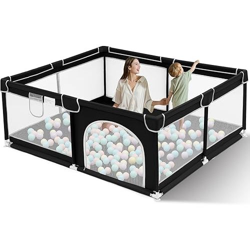 Suposeu Baby Playpen, Soft Breathable Mesh Baby Playard, Safe Baby Fence with Gate, Activity Center for Toddlers and Pets (71x59 Inches, Black)