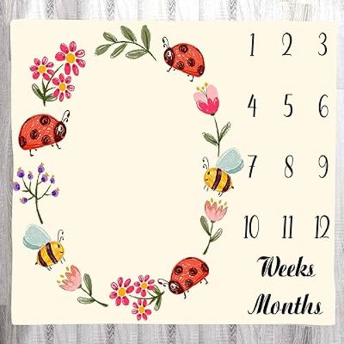 Cartoon Insect Baby Age Blanket, Red Seven Star Ladybug Bee Floral Insect Newborn Photo Baby Monthly Milestone Blanket Growth Chart Baby Memory Blanket, 48x40 Inches BTLSLY895