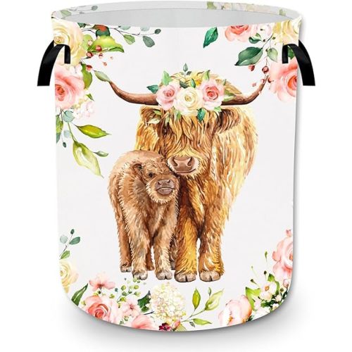 Highland Cow Laundry Basket Pink Floral Western Cow Collapsible Laundry Hamper with Handles Waterproof Oxford Farmhouse Clothes Storage Bin for Bedroom Bathroom College Dorms Toy Organizer