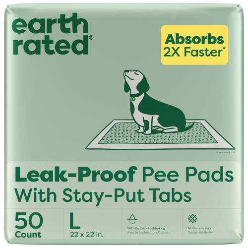 Earth Rated Leak-proof Pee Pads for Dogs and Puppies, 2X Faster Absorption*, Unscented, L, 22x22 in., 50ct