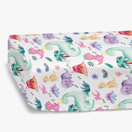 Watercolor Pink Purple Dinosaur Fitted Standard Crib Sheet for Baby Girl, Tropical Dino Lover Toddler Mattress Cover, Soft Breathable Stretchy Nursery Bed Sheets Decor Kids Gift 52" x 28" - One size