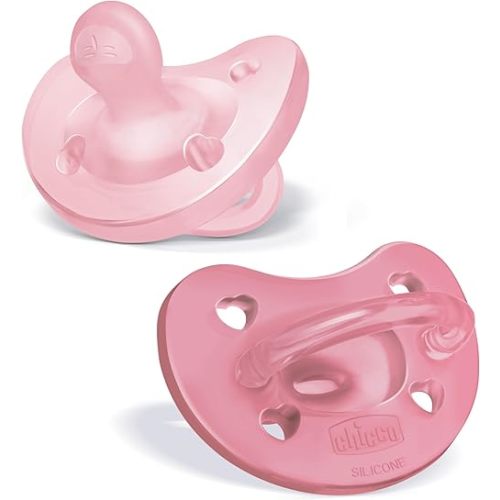 Chicco PhysioForma 100% Soft Silicone One Piece Pacifier for Babies 6-16 Months | BPA & Latex Free | Reusable Case | Pink, 2pk