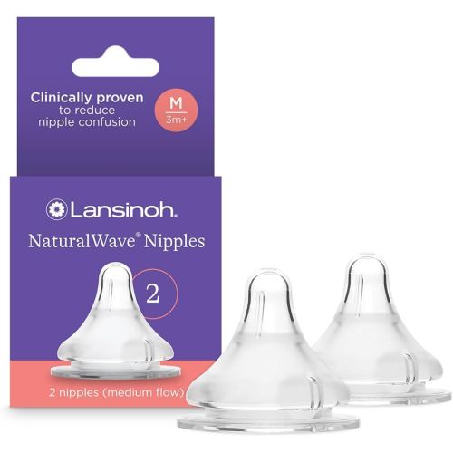 Lansinoh NaturalWave Baby Bottle Nipples – 100% Soft, Durable Silicone, Made Without BPA BPS, Anti-Colic, Supports Baby’s Developing Mouth and Teeth, Medium Flow, Size M, 2 Count, 3+ Months