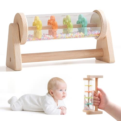 IEATFO Rain Stick Toy with Stand - Sensory Sound Training Tool for Kids, Tummy Time Musical Instrument for Infant Development | Rainmaker with Wooden Base, Clear Tube, Colored Flower Discs and Beads