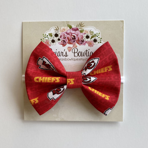 Kansas City Chiefs bow headband or hair clip; football bow; Chiefs bow on a white nylon headband or hair clip; KC bow; baby, toddler, girl