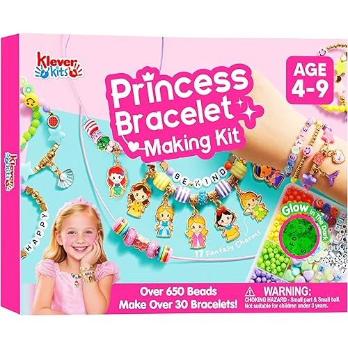 Klever Kits Princess Bracelet Making Kit, Jewelry Making Kit, Bracelets for Girls, Crafts for Kids, 4 Year Old Girl Birthday Gifts, Over 650 Beads, Make 30+ Designs