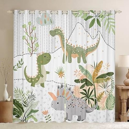 Feelyou Kids Cute Dinosaur Window Curtains for Bedroom Living Room Cartoon Green Dinosaur Curtains Blackout Cute Animal Window Drapes Coconut Plant Window Treatments 42W X 84L,2 Panels