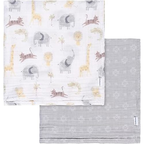 Gerber Baby Unisex 2-Pack Muslin Blanket, Animals + Geos Neutral, One Size