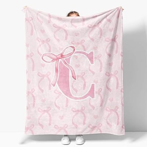 Coquette Pink Bow Throw Blanket,Personalized Initial C Soft Fluffy Cozy Flannel Blanket,Monogrammed Gifts for Daughter Women Teen Girls,Customized Blanket for Bedding Bedroom Office,50x60 Inches