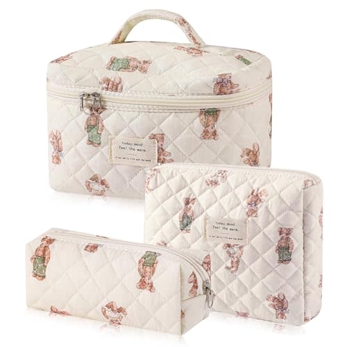 Everfunny 3 Pcs Cotton Quilted Makeup Bag Set, Floral Cotton Cosmetic Bag, Aesthetic Toiletry Travel Organizer Bag for Women Girls (Bear)