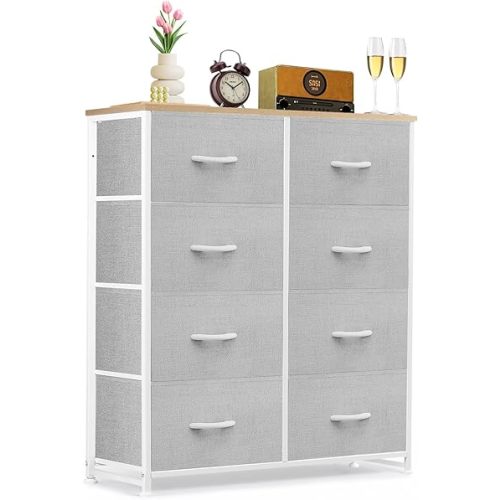 8-Drawer Dresser for Bedroom, Anti-Tip Tall Storage Organizer Chest of Drawers with Wooden Top and Metal Frame Fabric Bins for Closet, Living Room, Hallway, Entryway, Light Gray