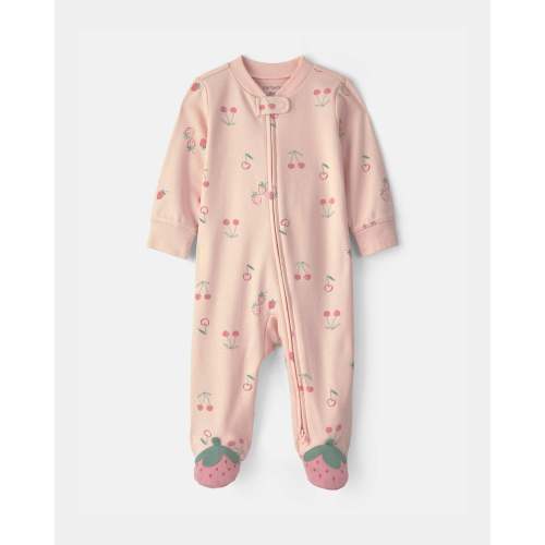 Baby Girl Strawberry 100% Cotton 2-Way Zip Sleep & Play Pajamas - Pink