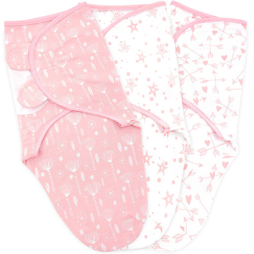 Baby Swaddle Blankets for Newborn Girl, Small/Medium 0-3 Months old, 3 Set of Adjustable Infant Wrap, Pink, Grey & Mint