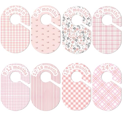 eoscasely Baby Closet Divider, Baby Wardrobe Organizer, Double-Sided Design, Nursery Decor Clothes Hanger Dividers for Sorting 8 Sizes from Newborn to 12+ Months (Pink)