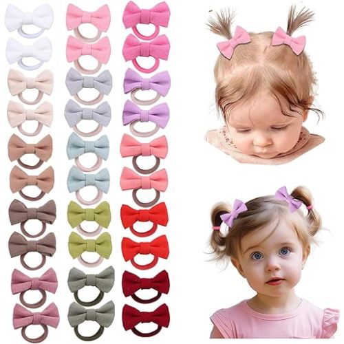 30PCS 2 Inch Baby Girls Hair Ties with Linen Bows,Soft Elastics Ponytail Holders Hair Accessories for Infants Toddlers Baby Girls (Dark color)