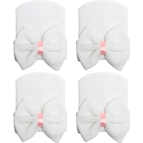 DRESHOW BQUBO 4 Pack Newborn Hospital Hat Infant Baby Hat Cap with Big Bow Soft Cute Knot Nursery Beanie