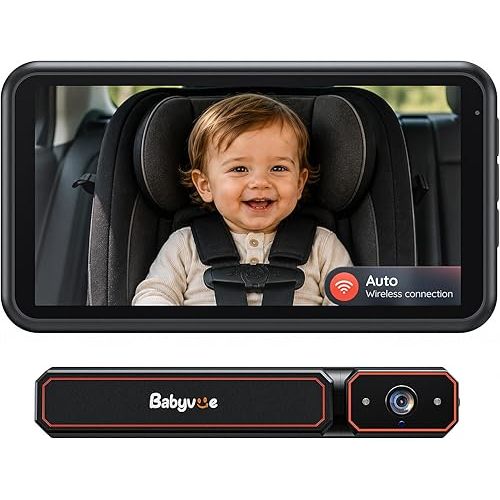 Babyvue BV6 Wireless Baby Car Camera Fast Setup, HD1080P No Wiring Car Baby Monitor with Auto IR Night Vision, 5.2" Display Backseat Camera 3X Zoom for Kids Rear Seat Safety