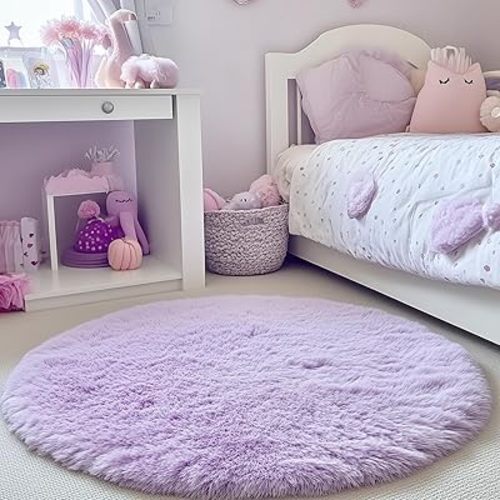 PAGISOFE Round Rugs 5Ft, Purple Area Rug, Circle Rug for Kids Bedroom, Fluffy Shaggy Carpets, Indoor Small Teepee Furry Mat, Comfy Reading Carpets, Circular Rugs for Girls Baby Room Decor Aesthetic