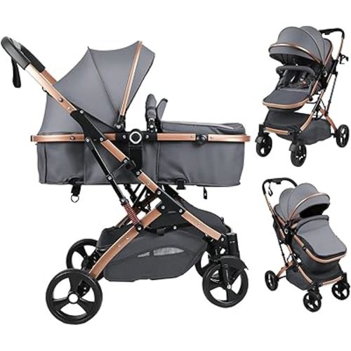 Baby Stroller, 2 in 1 Convertible Bassinet Mode Newborn to Toddler | Reversible Seat UPF Canopy, Shock Absorption Infant Stroller with Five-Point Harness, for Daily Strolls Travel Shopping (Khaki)