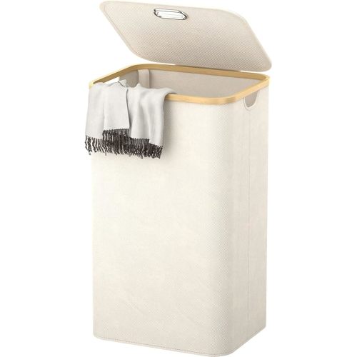 Homykic 100L Tall Laundry Hamper with Lid n Handle, Large Waterproof Clothes Laundry Basket Laundry Storage Bin Organizer for Dorm, Bathroom, Bedroom, Laundry Room, Clothing, Toys, Cream White