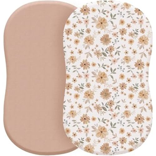 Konssy 2 Pack Stretchy Bassinet Sheets for Baby Girl Boy, Soft Breathable Baby Bassinet Mattress Sheets Fit for Hourglass Oval Cradle, Moses Basket Rectangle Mattress (Toffee, Flourish)