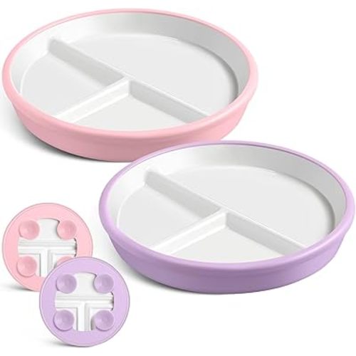 Domensi 8" Porcelain Kids Plates with Anti-slip Silicone Sleeve White Divided Porcelain Plates with Suction for Toddler Microwave Dishwasher Friendly (Purple, Pink,2 Pcs)