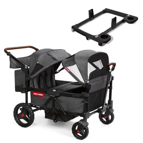 Radio Flyer Voya Quad Stroller Wagon and Britax, Nuna, Cybex Car Seat Adapter Bundle, 4-Seater Collapsible Wagon with Low Sides and Adjustable Canopies, Gray