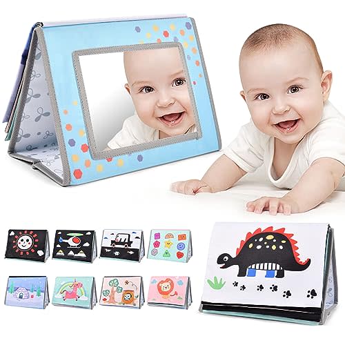 Aolso Tummy Time Mirror for Babies, High Contrast Newborn Sensory Toy with Crinkle Cloth Book, Early Education Montessori Infant Toys for 0 3 6 9 Months Baby Boys Girls Shower Gifts
