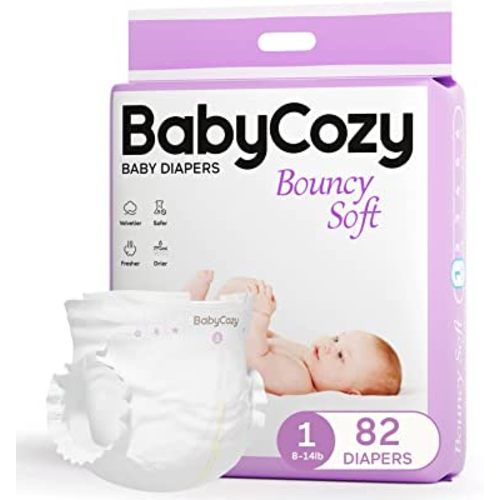 Babycozy BouncySoft Newborn Diapers for Sensitive Skin, Hypoallergenic Disposable Diapers, Plain White Diapers Without Chlorine, Soft Diapers for Baby&Infant&Preemie, Size 1(8-14lb) 72 Count